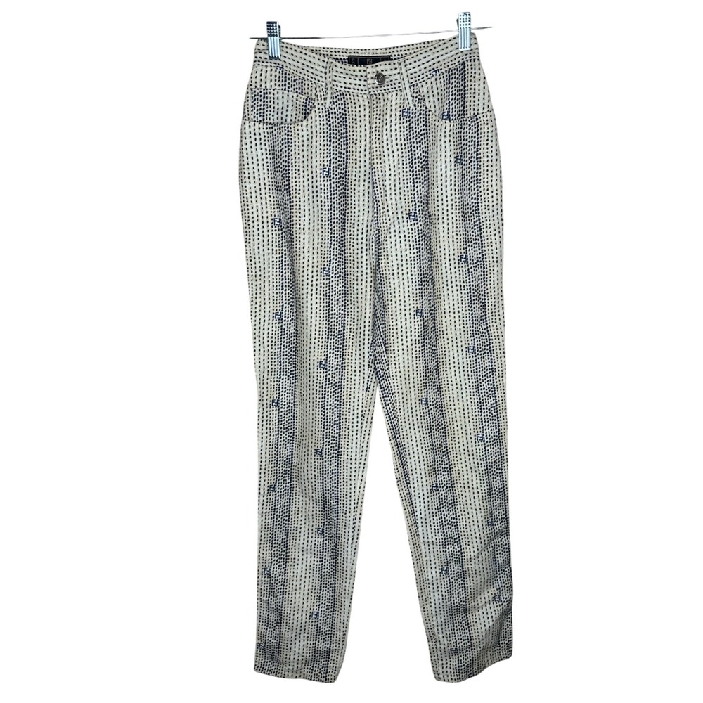 Fendi Jeans Roma Amor Italy Pants Cream Blue Dotted Print linen Blend Size 27‎